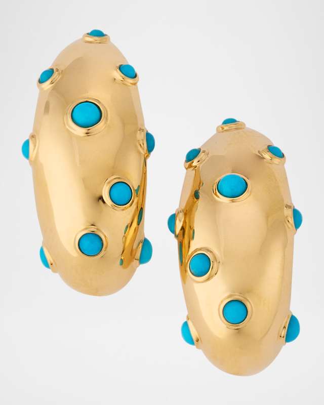 18K Yellow Gold Turquoise Huggie Hoop Earrings